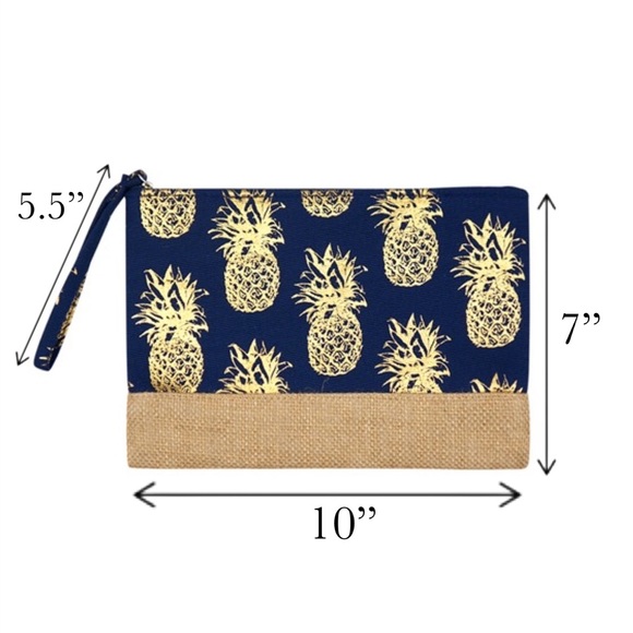 Navy Blue & Metallic Gold Pineapple Makeup Cosmetic Wristlet Clutch Bag - Picture 11 of 11